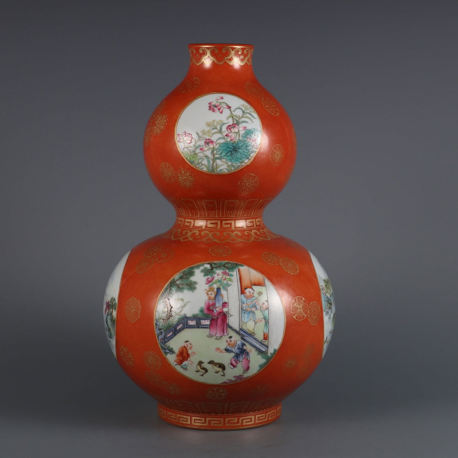 An Exquisite Coral Red Glazed Painted Gold Character and Story Pattern Gourd-Shaped Vase (1 of 9)