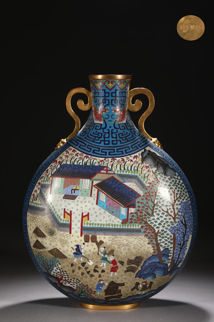 An Exquisite Cloisonne Character and Story Pattern Double-Ears Vase: An Exquisite Cloisonne Character and Story Pattern Double-Ears Vase Qing Dynasty, China Qianlong Four-character Mark Size:17.3inx12.6in