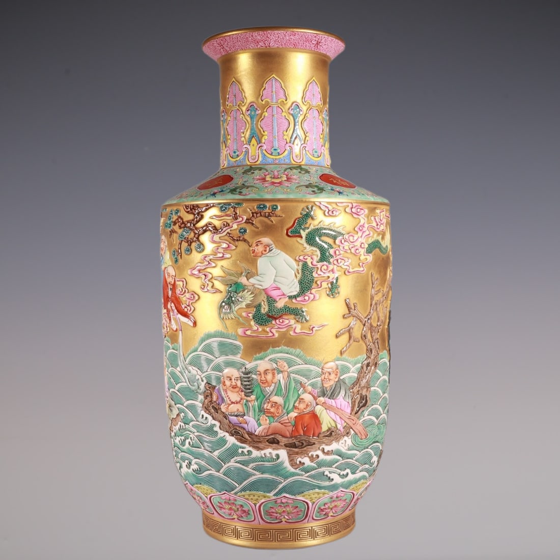An Exquisite Enamel Lotus Pattern Character and Story Pattern Vase: An Exquisite Enamel Lotus Pattern Character and Story Pattern Vase Qing Dynasty, China Qianlong Six-character Mark Size:15.6inx7.9in珐琅彩雕刻金地十