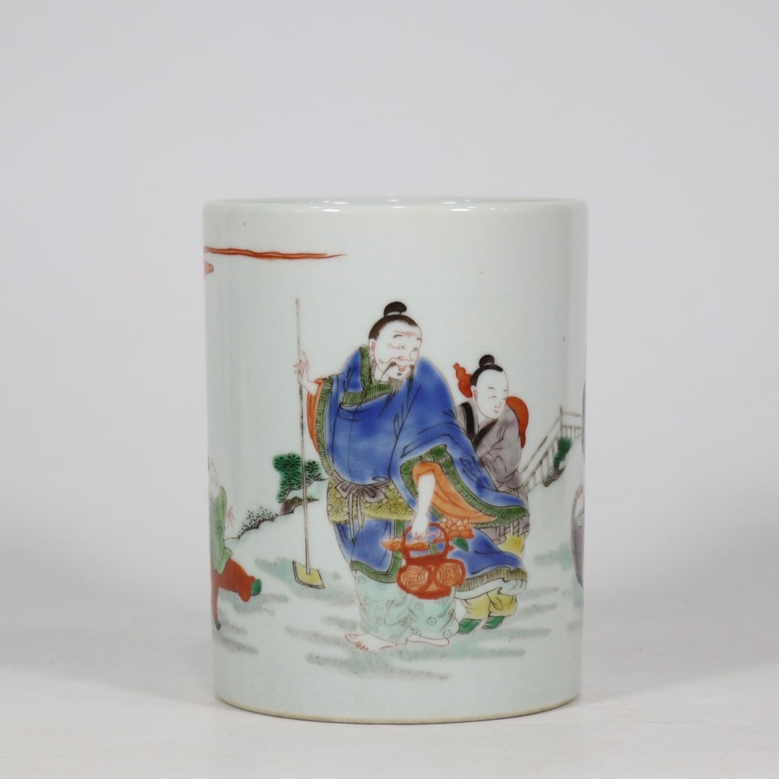 An Exquisite Wucai Character and Story Pattern Brush Pot: An Exquisite Wucai Character and Story Pattern Brush Pot Qing Dynasty, China Kangxi Six-character Mark Size:5.1inx3.9in五彩人物故事笔筒 中国