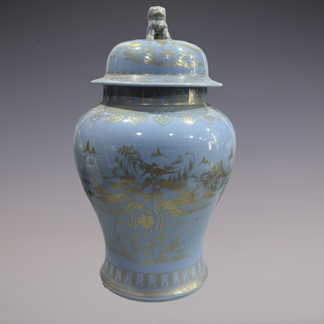 An Exquisite Sky Blue Glazed Painted Gold Landscape Pattern Jar: An Exquisite Sky Blue Glazed Painted Gold Landscape Pattern Jar Qing Dynasty, China Qianlong Six-character Mark Size:27.2in天青釉描金山水将军Ņ