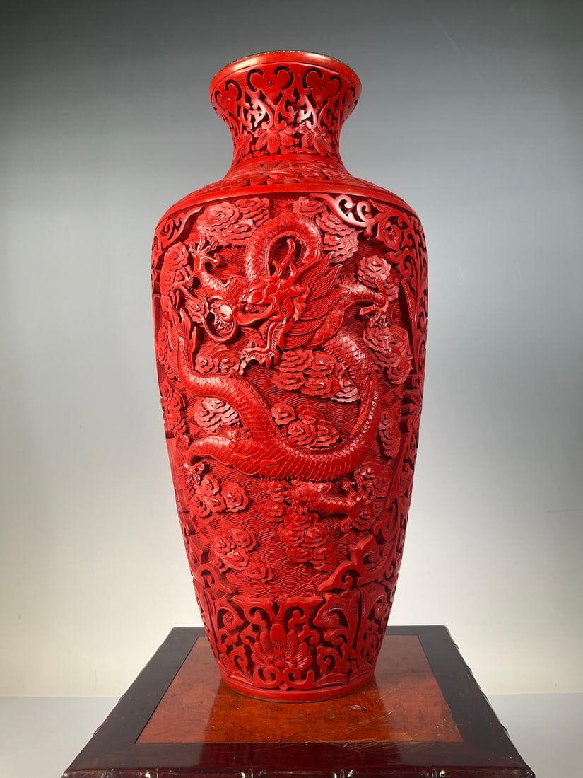 An Exquisite Bronze Carved Red Lacquer Dragon Pattern Vase (1 of 5)