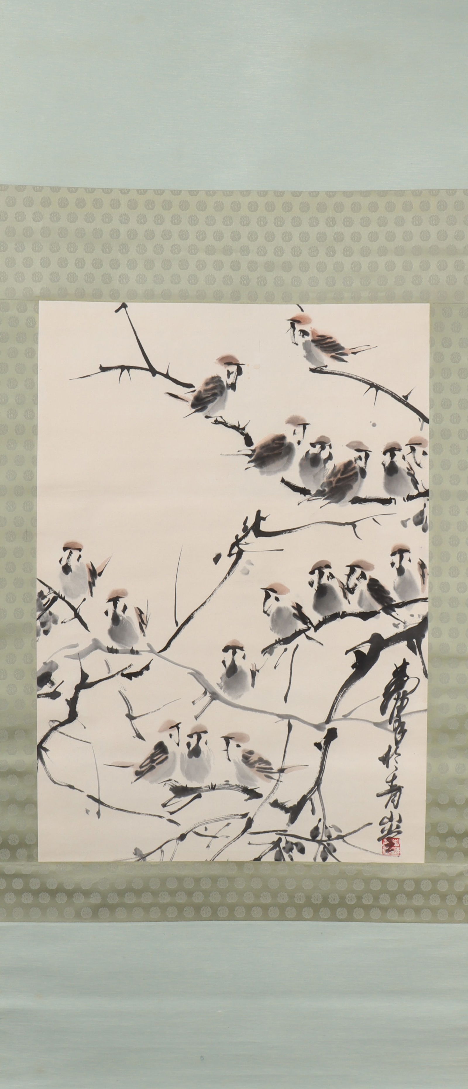 A Chinese Vertical Scroll Ink Painting of Flower and Bird on Paper: A Chinese Vertical Scroll Ink Painting of Flower and Bird on Paper Huang zhou Size:25.2inx17.7in黄胄麻雀 纸本立轴Size:64cmx45cm