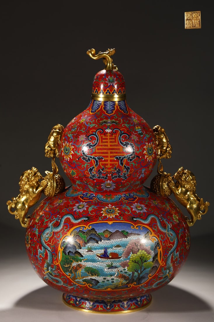 An Exquisite Cloisonne Character and Story Pattern Bats and Peach Pattern Lotus Pattern Gourd-Shaped: An Exquisite Cloisonne Character and Story Pattern Bats and Peach Pattern Lotus Pattern Gourd-Shaped Vase Qing Dynasty, China Qianlong Four-character Mark Size:25.6inx15in