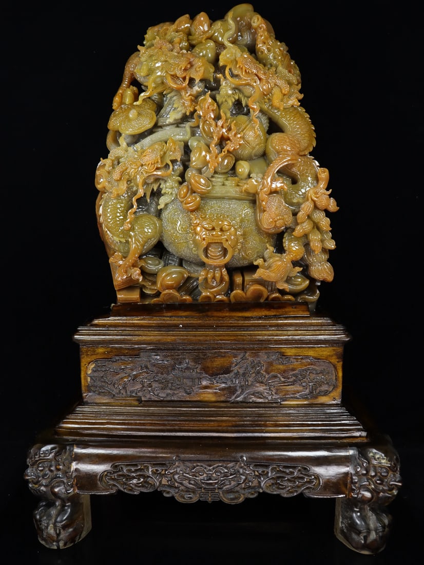 An Exquisite Tianhuang Stone Dragon Pattern Ornament: An Exquisite Tianhuang Stone Dragon Pattern Ornament Qing Dynasty, China Size:29.9inx18.1inx11in Weight:19.31kg田黄石双龙戏珠大摆件 中