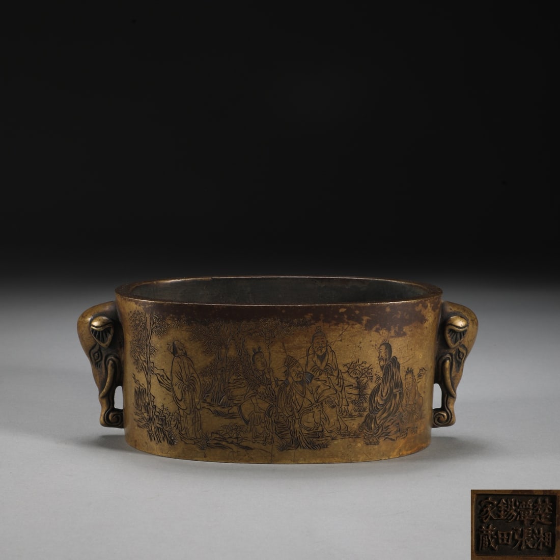 An Exquisite Bronze Character and Story Pattern with poem Double-Ears Censer: An Exquisite Bronze Character and Story Pattern with poem Double-Ears Censer Ming Dynasty, China Size:2.8inx7.3in