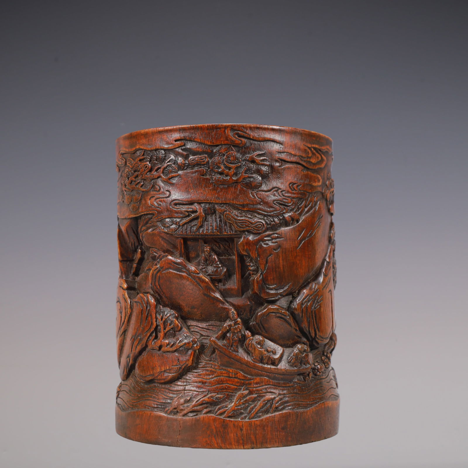 A Exquisite Zitanwood Landscape and Figure Pattern Brush Pot: A Exquisite Zitanwood Landscape and Figure Pattern Brush Pot Qing Dynasty, China Size:4.5inx3.9inx5.9in Weight:400g紫檀木山水人物纹笔筒
