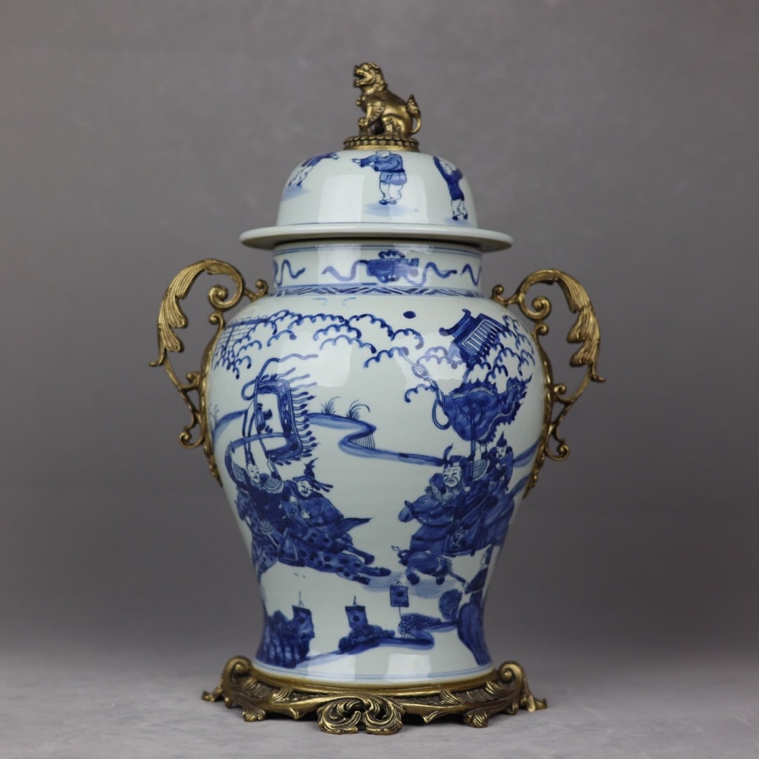 An Exquisite Blue and White Inlaid Bronze Character and Story Pattern Double-Ears Jar: An Exquisite Blue and White Inlaid Bronze Character and Story Pattern Double-Ears Jar Qing Dynasty, China Kangxi Six-character Mark Size:16.5inx10.6in青花人物故事&#