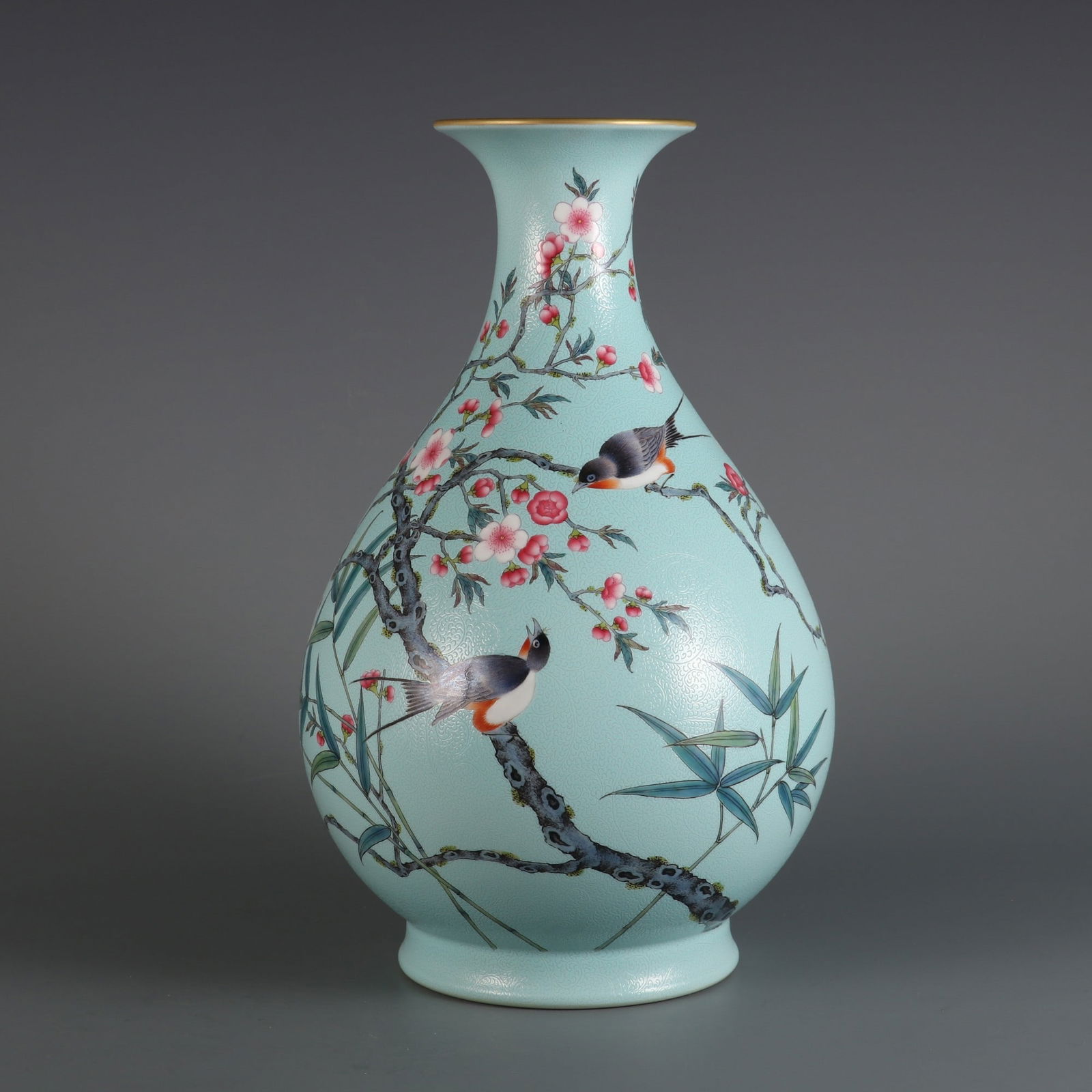 An Exquisite Famille-Rose Green Ground Flower and Bird Pattern with poem Vase: An Exquisite Famille-Rose Green Ground Flower and Bird Pattern with poem Vase Qing Dynasty, China Yongzheng Six-character Mark