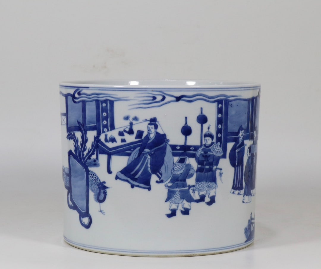 An Exquisite Blue and White Character and Story Pattern Brush Pot: An Exquisite Blue and White Character and Story Pattern Brush Pot Qing Dynasty, China Kangxi Six-character Mark