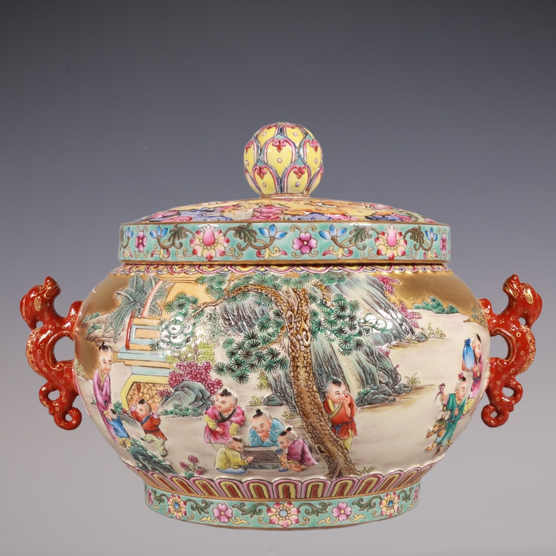 An Exquisite Enamel Lotus Pattern Character and Story Pattern Double-Ears Censer (1 of 8)