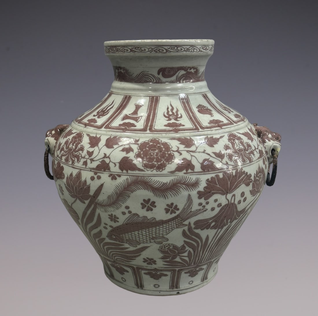 An Exquisite Blue and White Underglaze-Red Lotus Pattern Fish and Lotus Pattern Double-Ears Jar: An Exquisite Blue and White Underglaze-Red Lotus Pattern Fish and Lotus Pattern Double-Ears Jar Yuan Dynasty, China