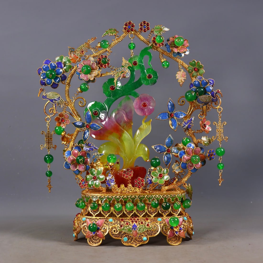 An Exquisite Gilt Bronze Inlaid Jadeite Flower and Bird Pattern Bats and Peach Pattern Ornament (1 of 9)