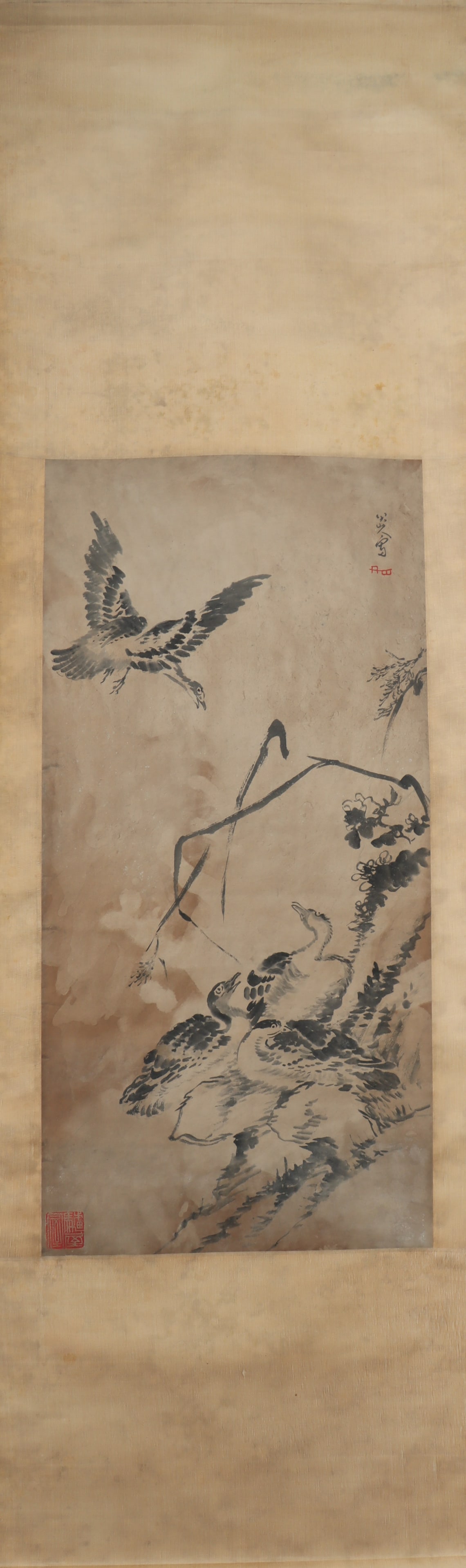 A Chinese Vertical Scroll Ink Painting of Flower and Bird on Paper: A Chinese Vertical Scroll Ink Painting of Flower and Bird on Paper Ba dashanren Size:35.8inx17.3in八大山人花鸟 纸本立轴Size:91cmx44cm