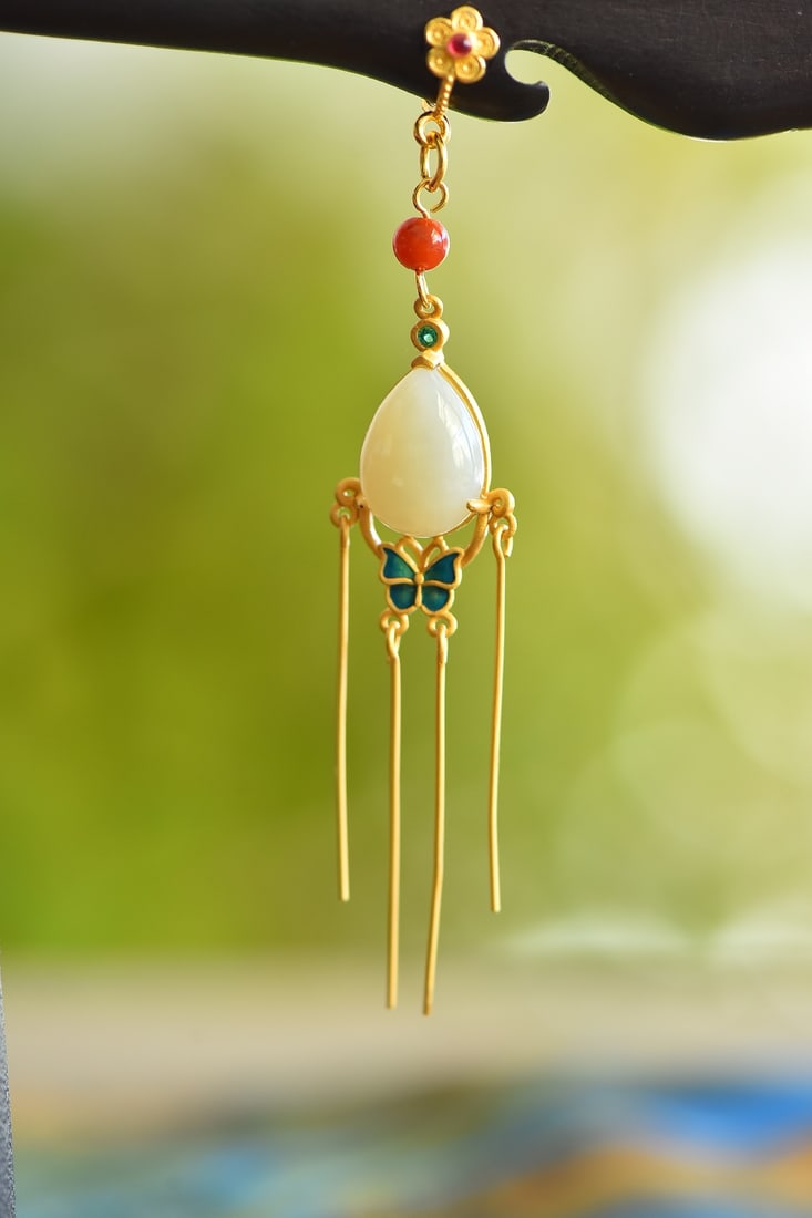 An Exquisite Sterling Silver-Gold Plated Inlaid White Jade Ebony Hairpin: An Exquisite Sterling Silver-Gold Plated Inlaid White Jade Ebony Hairpin, 纯银镀金镶白玉黑檀木发簪