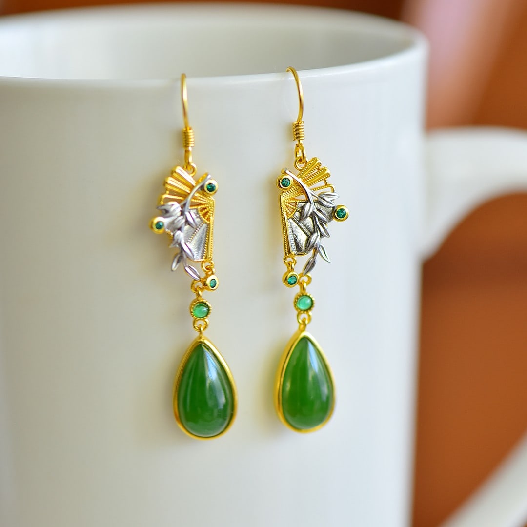 A Pair of Exquisite Sterling Silver-Gold Plated Inlaid Jasper Earrings,Inlaid Diamonds: A Pair of Exquisite Sterling Silver-Gold Plated Inlaid Jasper Earrings,Inlaid Diamonds,Size:8mmx14mm 