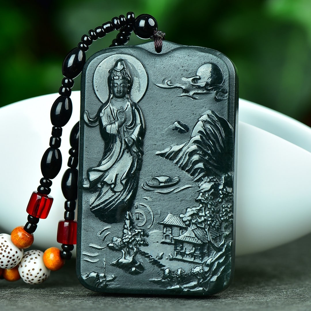 An Exquisite Sapphire Landscape and Avalokitesvara Pattern Pendant: An Exquisite Sapphire Landscape and Avalokitesvara Pattern Pendant,Size:40mmx63mm 寓意:吉祥 保平安 