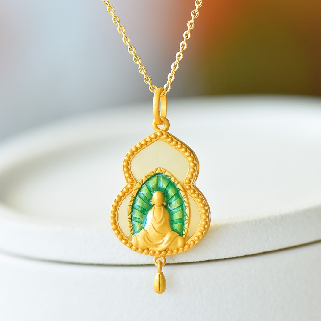 An Exquisite Sterling Silver-Gold Plated Inlaid White Jade Enamel Pendant: An Exquisite Sterling Silver-Gold Plated Inlaid White Jade Enamel Pendant,Size:16mmx20mm 纯银镀金镶白玉珐琅吊坠