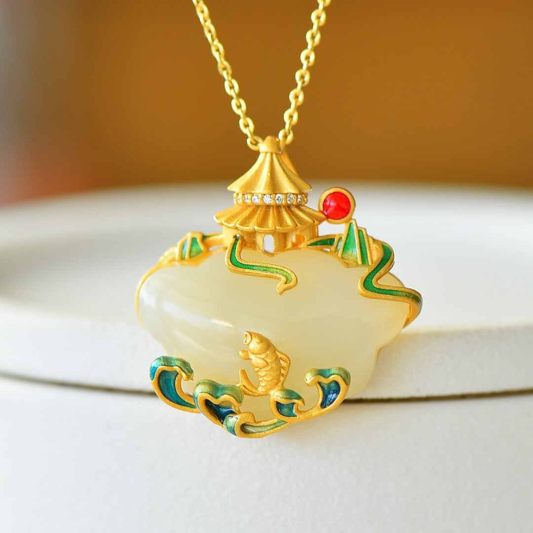 An Exquisite Sterling Silver-Gold Plated Inlaid White Jade Pendant: An Exquisite Sterling Silver-Gold Plated Inlaid White Jade Pendant 纯银镀金镶白玉吊坠