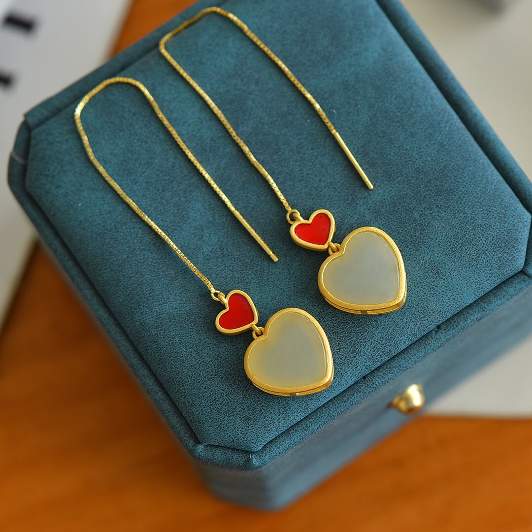 A Pair of Exquisite Sterling Silver-Gold Plated Inlaid White Jade Earrings: A Pair of Exquisite Sterling Silver-Gold Plated Inlaid White Jade Earrings,Size:12mmx12mm 一对纯银镀金镶白玉耳环