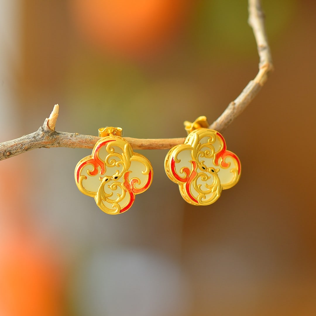 A Pair of Exquisite Sterling Silver-Gold Plated Inlaid White Jade Enamel Earrings: A Pair of Exquisite Sterling Silver-Gold Plated Inlaid White Jade Enamel Earrings 一对纯银镀金镶白玉珐琅耳环