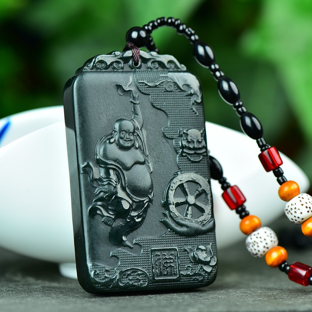 An Exquisite Sapphire Maitreya Buddha Pattern Pendant: An Exquisite Sapphire Maitreya Buddha Pattern Pendant,Size:41mmx68mm (寓意)吉祥心怀天下能容天下事 