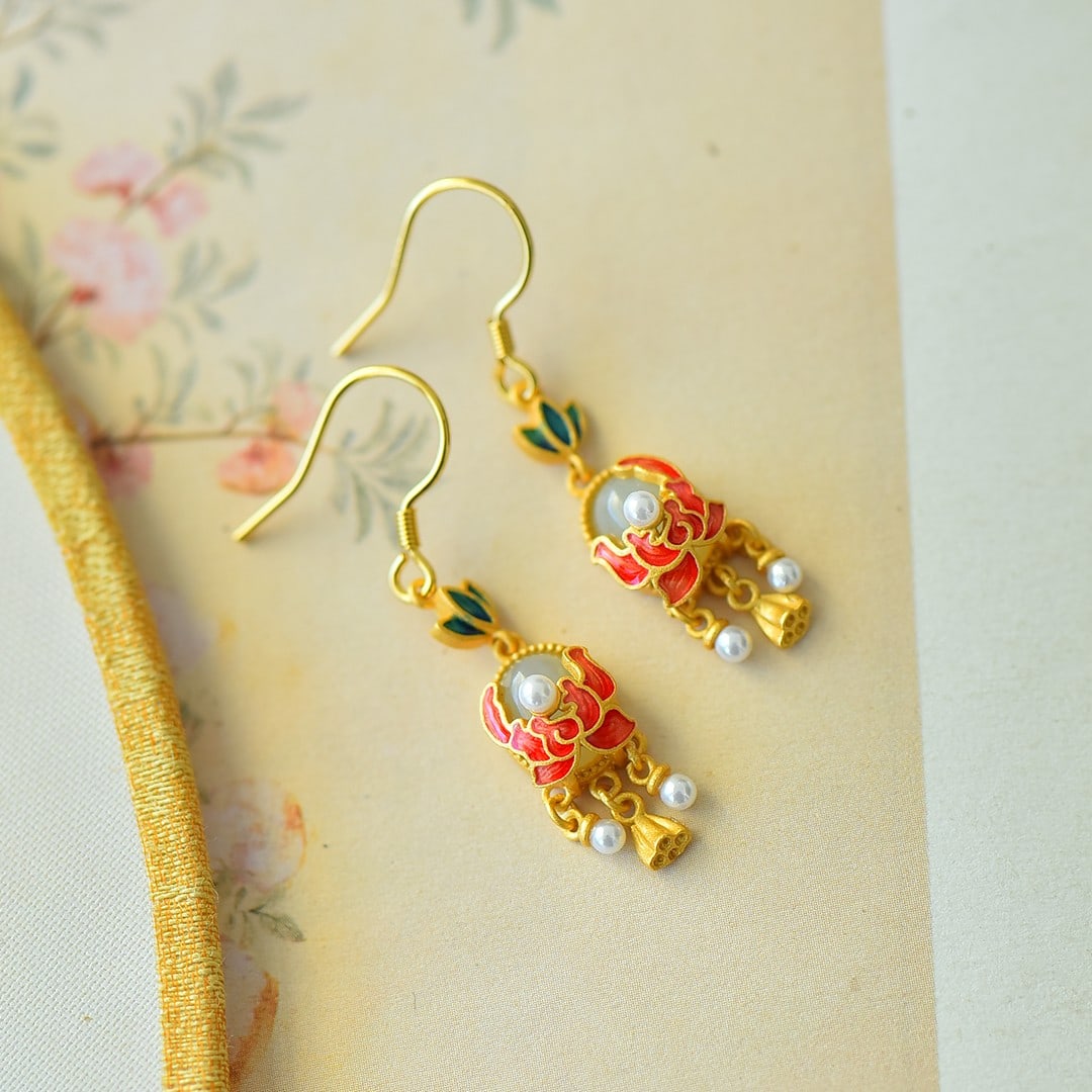 A Pair of Exquisite Sterling Silver-Gold Plated Inlaid White Jade Enamel Earrings: A Pair of Exquisite Sterling Silver-Gold Plated Inlaid White Jade Enamel Earrings 一对纯银镀金镶白玉珐琅耳环