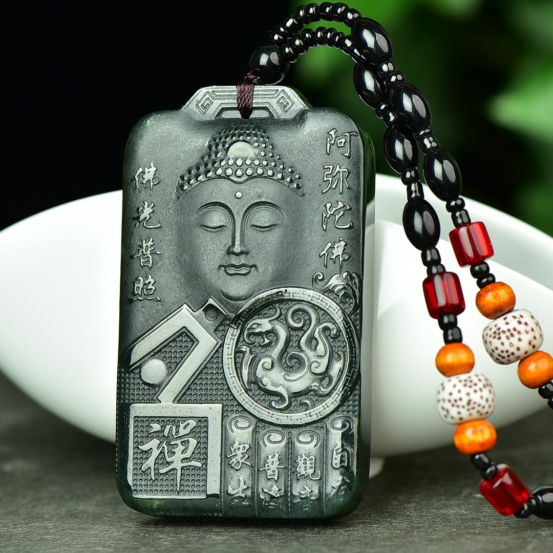 An Exquisite Sapphire Landscape and Sakyamuni Pattern Pendant: An Exquisite Sapphire Landscape and Sakyamuni Pattern Pendant,Size:39mmx62mm (寓意)悟道在心 禅意幽幽 意境深远