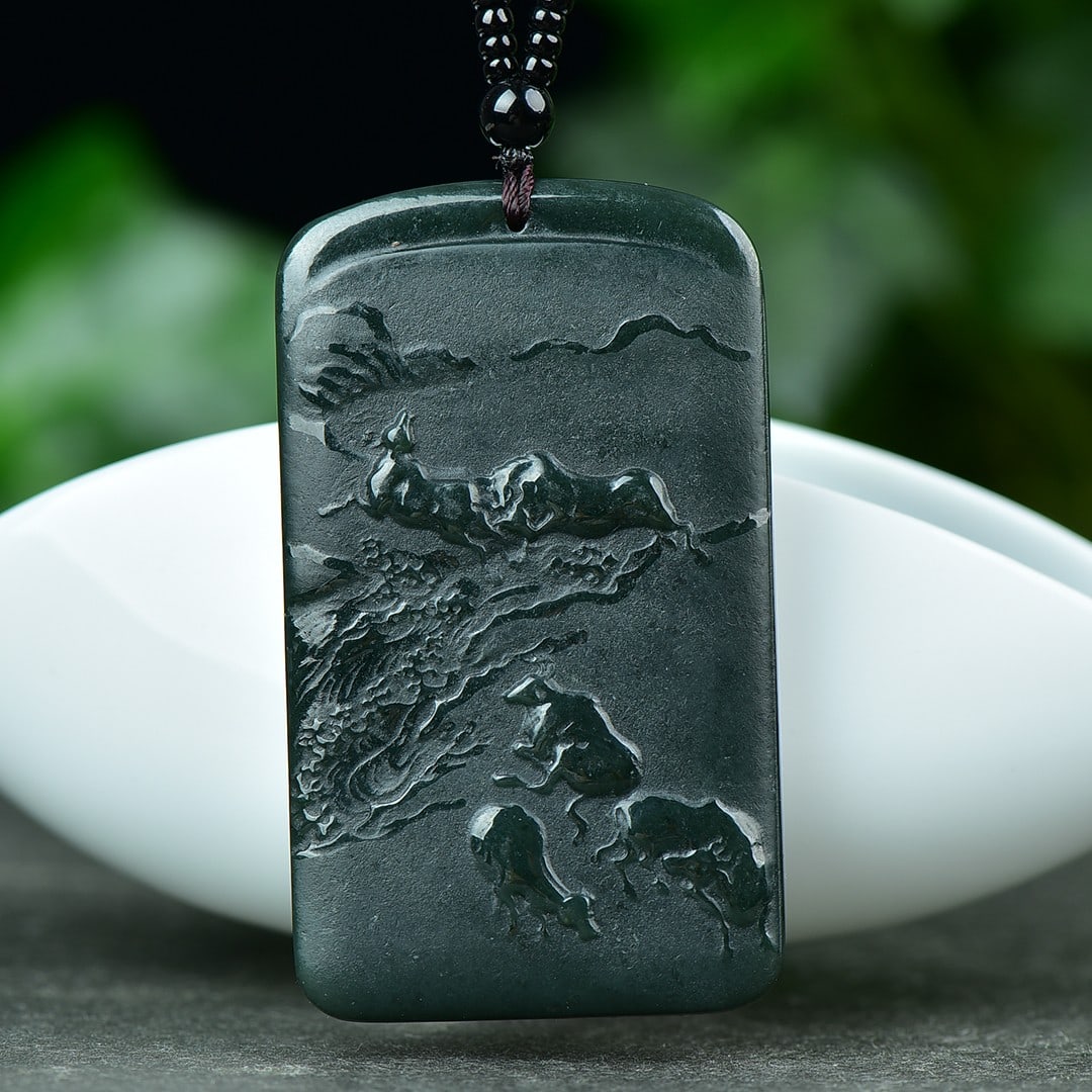 An Exquisite Sapphire Landscape and Buffalo Pattern Pendant: An Exquisite Sapphire Landscape and Buffalo Pattern Pendant,Size:39mmx68mm 寓意:吉祥 时尚大气 青玉山水牛纹吊&#