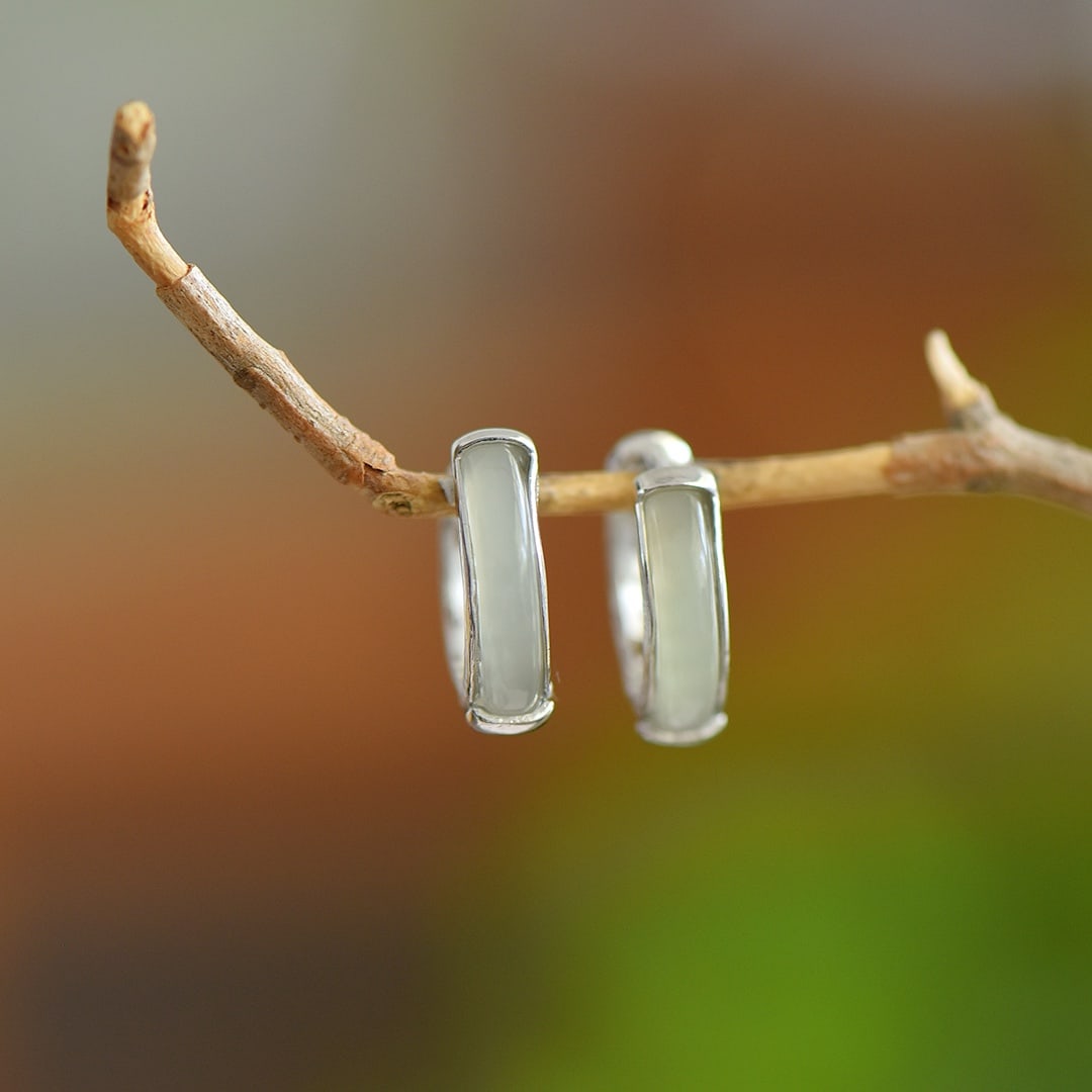 A Pair of Exquisite Sterling Silver-Gold Plated Inlaid White Jade Earrings: A Pair of Exquisite Sterling Silver-Gold Plated Inlaid White Jade Earrings 一对纯银镀金镶白玉耳环