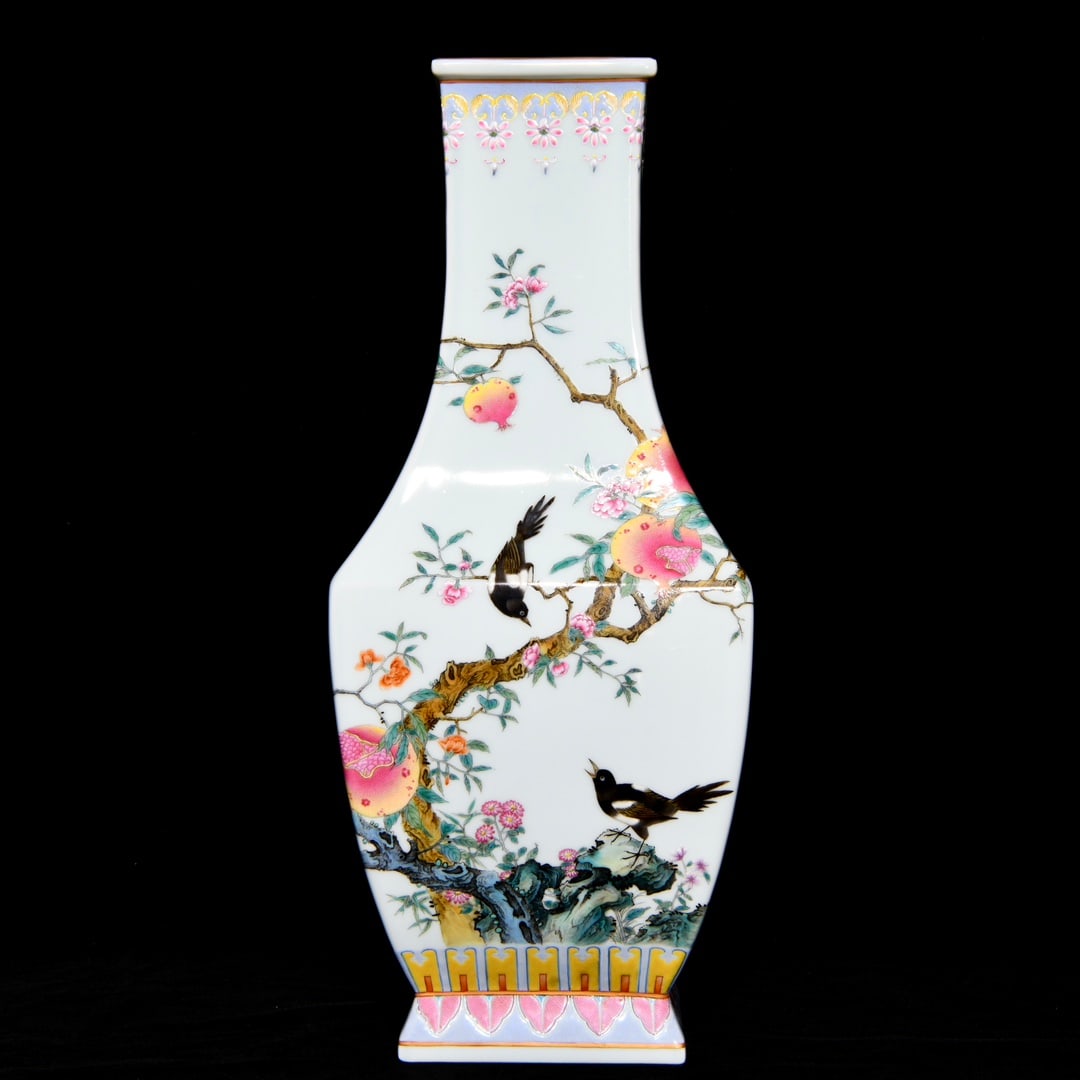 A Huge Famille-Rose Pomegranate and Bird Pattern Vase,With Poem: A Huge Famille-Rose Pomegranate and Bird Pattern Vase,With Poem,Qing Dynasty, China,Qianlong Six-character Mark,Size:18inx7.4in 粉彩石榴鸟纹瓶,带诗