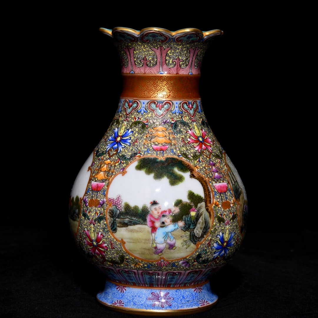 An Exquisite Famille-Rose Painted Gold Lotus and Figure Pattern Vase (1 of 9)