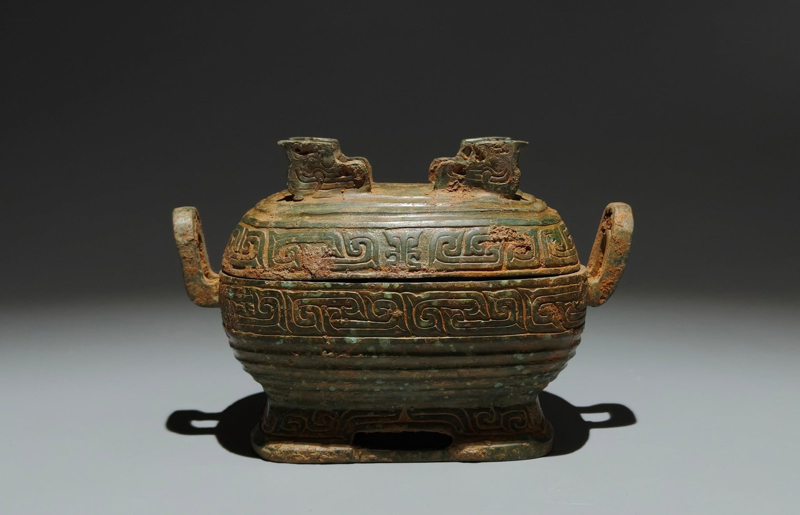 An Archaic Bronze Double-Ears four legs Food Vessel,With Inscription: An Archaic Bronze Double-Ears four legs Food Vessel,With Inscription,the Spring and Autumn in Period in China,Size:4.1inx6.1inx3.5in 