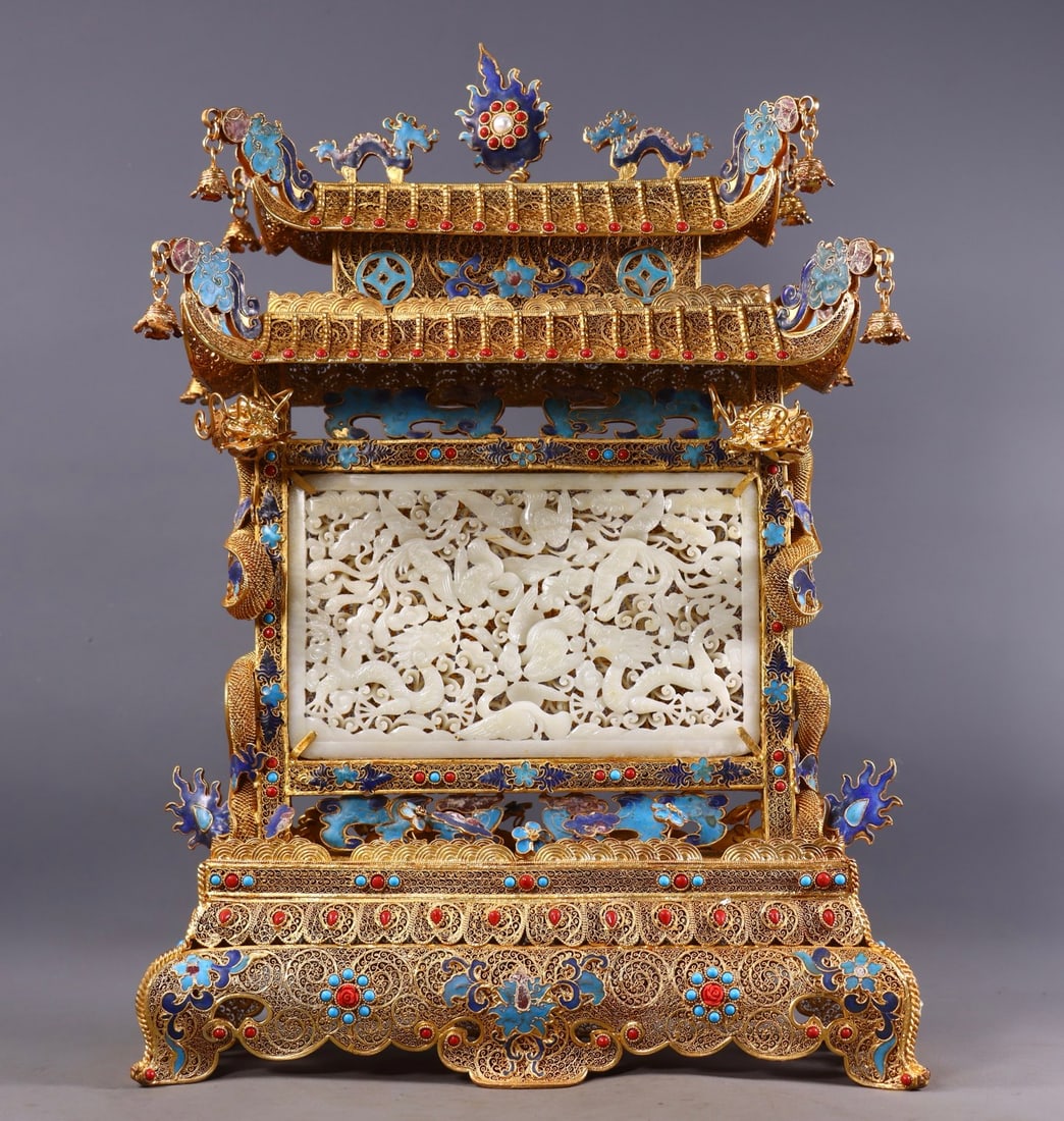 A Huge Flower silk gold-plated Inlaid White Jade Dragon and Phoenix Pattern Screen,Inlaid Gems (1 of 9)