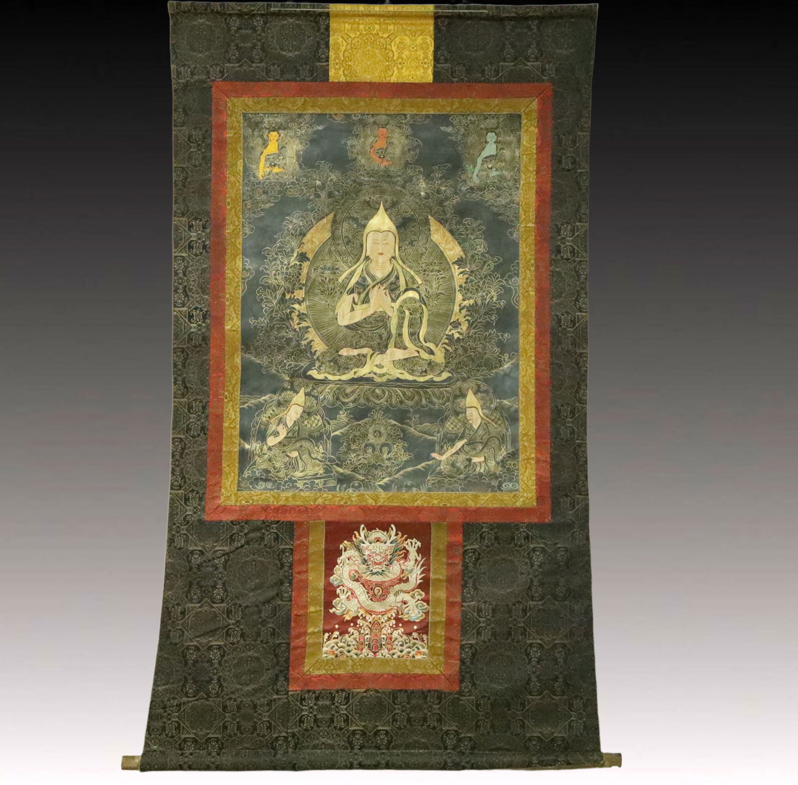A Rare Brocade Painted Color Statue of Tsongkhapa Tangka: A Rare Brocade Painted Color Statue of Tsongkhapa Tangka,Qing Dynasty, China,Size:37.8inx63.4in 