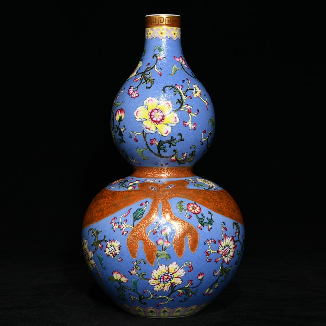 An Exquisite Blue Ground Famille-Rose Painted Gold Flower Pattern Gourd-Shaped Vase (1 of 9)