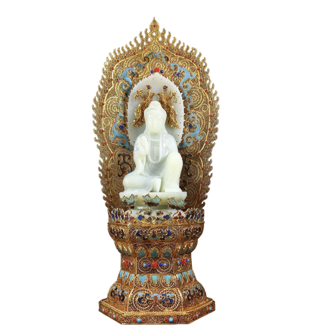 A Huge Filigree and Gilding Inlaid White Jade Buddha Statue,Inlaid Gems and Turquoise: A Huge Filigree and Gilding Inlaid White Jade Buddha Statue,Inlaid Gems and Turquoise,Qing Dynasty,China,Qianlong Four-character Mark,Size:17.7inx7.7inx6.9in,Weight:2660g 