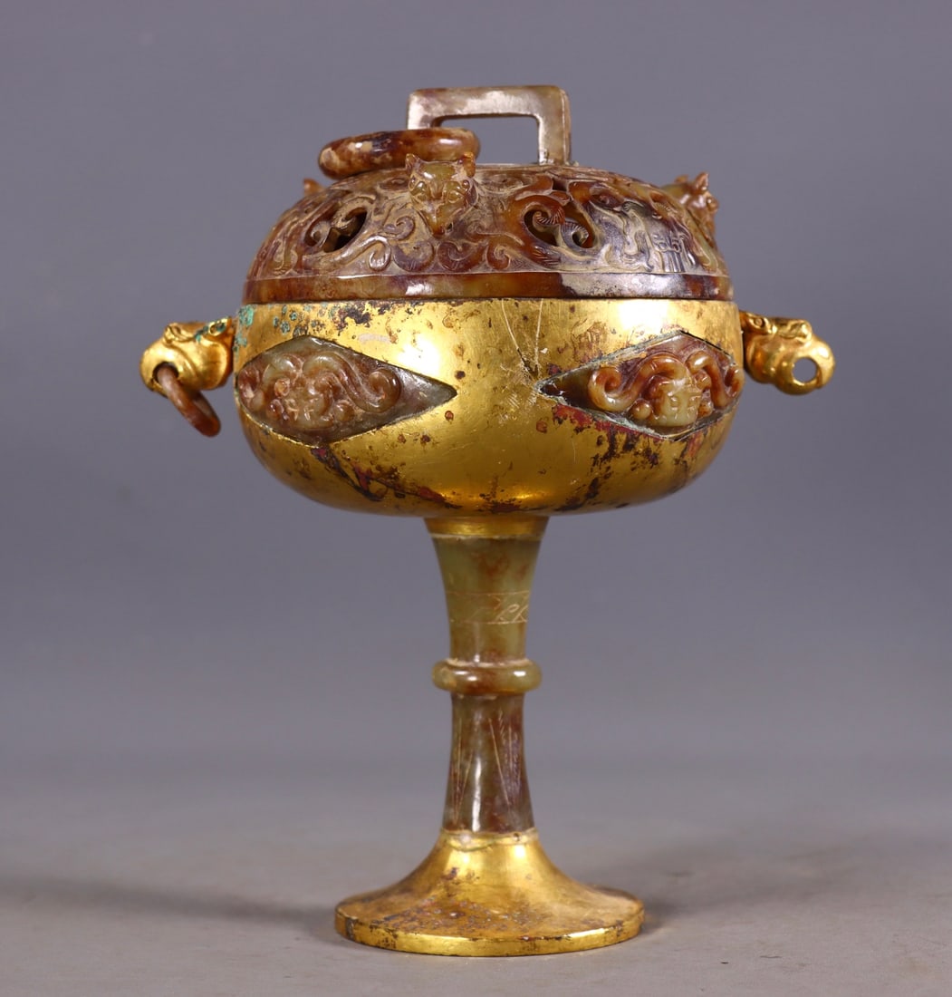 An Exquisite Gilt Bronze Inlaid White Jade Beast-Face Pattern Beast-Ears Censer (1 of 9)