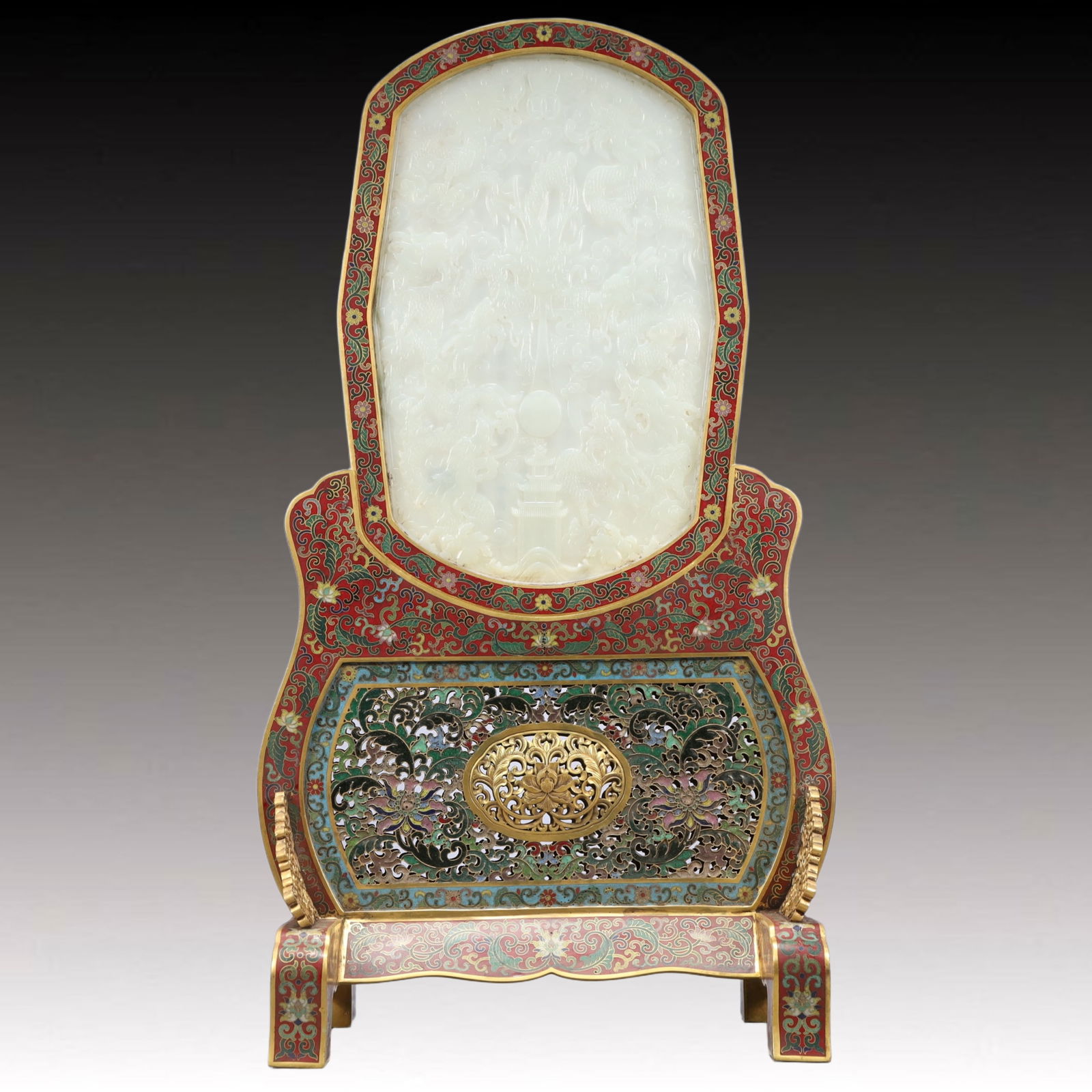 A Rare Cloisonne Inlaid White Jade Dragon Pattern Table Screen,with an Imperial Poem by Emperor: A Rare Cloisonne Inlaid White Jade Dragon Pattern Table Screen,with an Imperial Poem by Emperor Qianlong,Qing Dynasty, China,Size:11.8inx8.3inx23.8in,Weight:6050g 