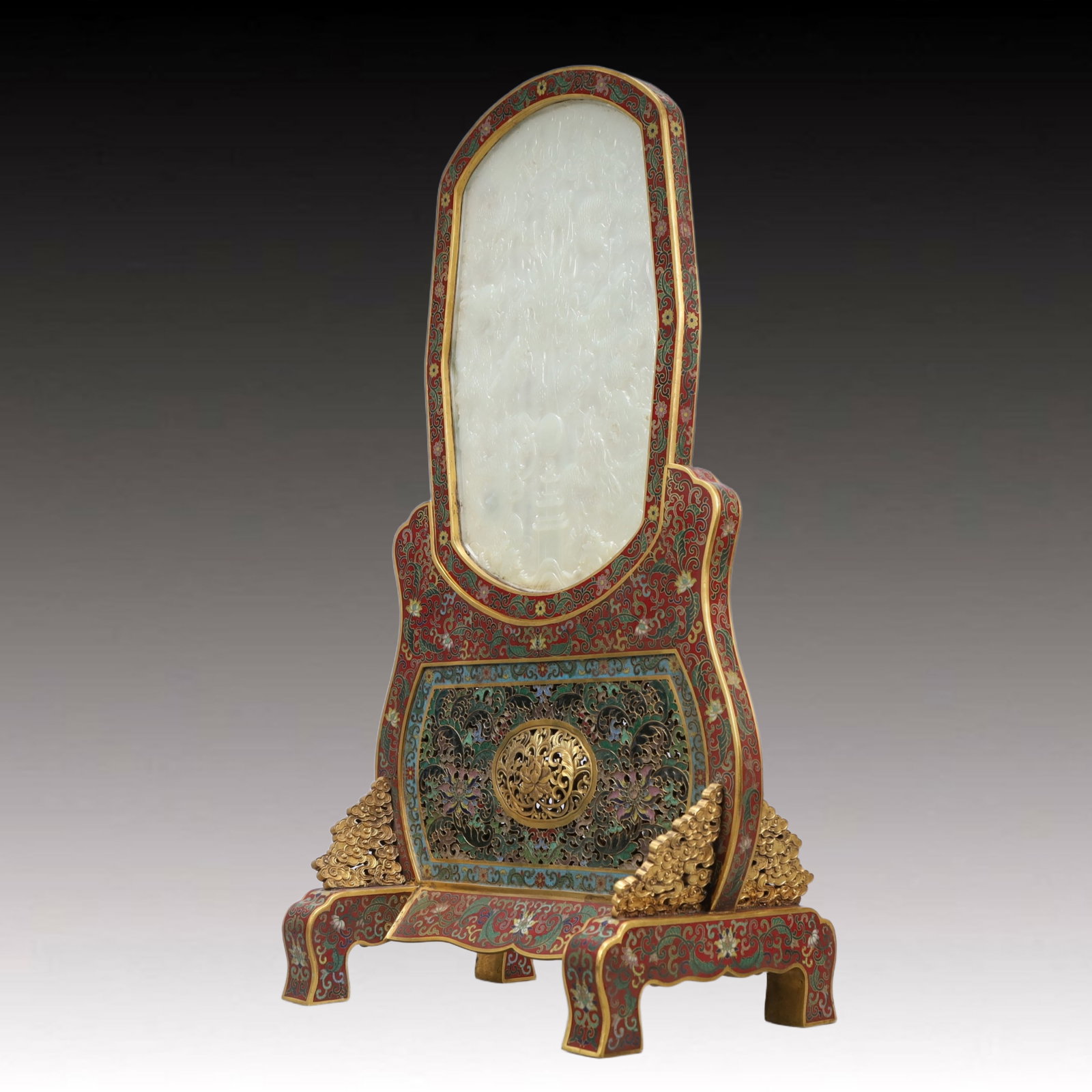 A Rare Cloisonne Inlaid White Jade Dragon Pattern Table Screen,with an Imperial Poem by Emperor - 6