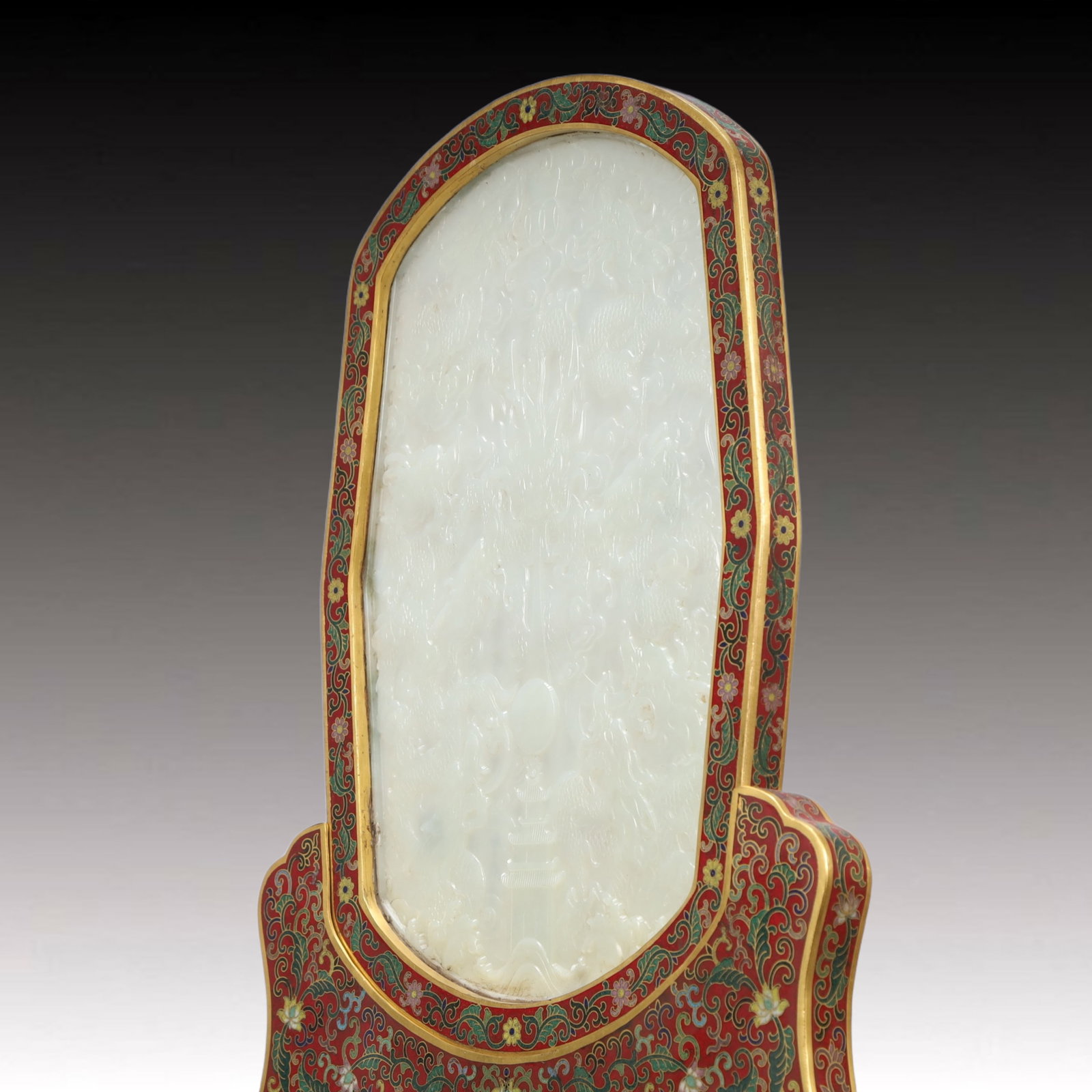 A Rare Cloisonne Inlaid White Jade Dragon Pattern Table Screen,with an Imperial Poem by Emperor - 7