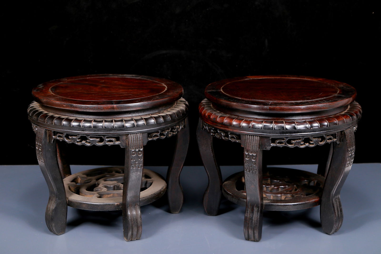 A Pair of Rare Zitanwood Bases: A Pair of Rare Zitanwood Bases,Qing Dynasty, China,Size:12.2inx10.8in,Total Weight:6090g 一对紫檀木圆形底座，清代