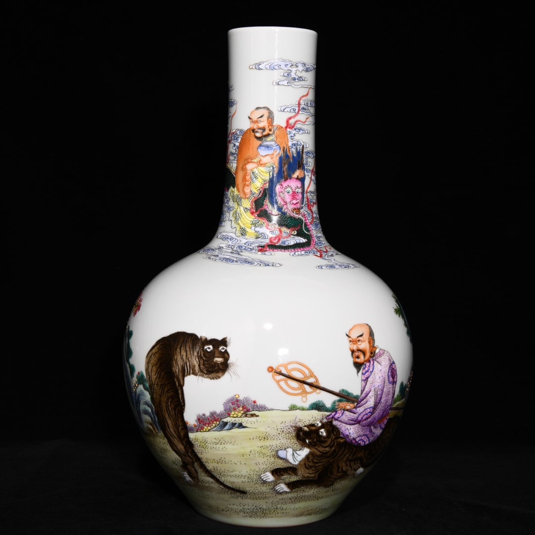 A Rare Famille-Rose Auspicious Beast and Arhat Pattern Vase: A Rare Famille-Rose Auspicious Beast and Arhat Pattern Vase,Qing Dynasty, China,Yongzheng Six-character Mark,Size:14.8inx8.3in 