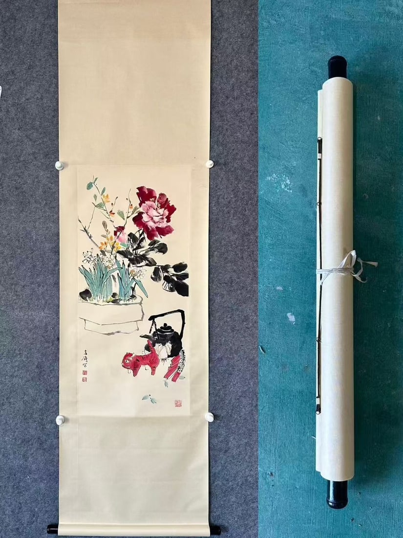 A Chinese Vertical Scroll Ink Painting of Flower on Paper,Wang Xuetao: A Chinese Vertical Scroll Ink Painting of Flower on Paper,Wang Xuetao,Size:(Without frame):17.3inx38.6in 