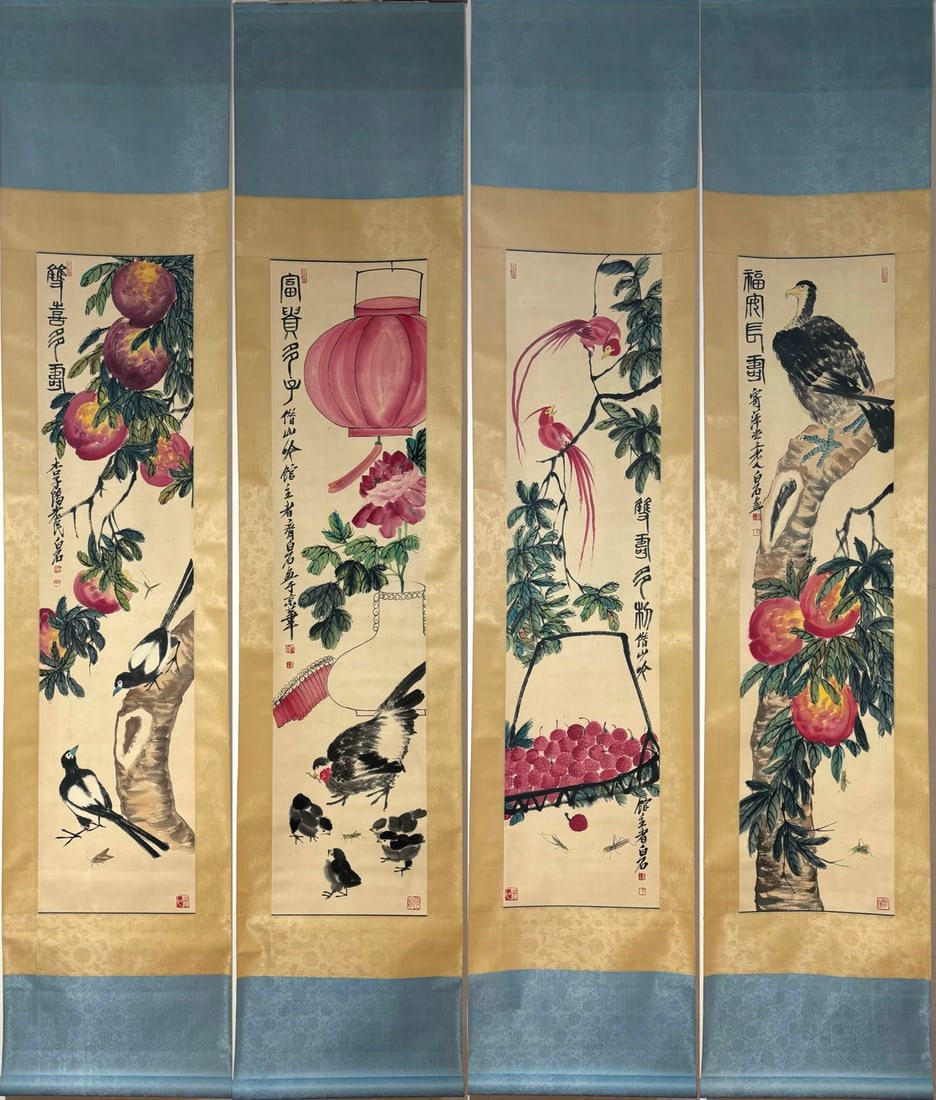 A Set of Chinese Vertical Scroll Ink Painting of Bird and Fruit on Paper,Qi Baishi (1 of 9)