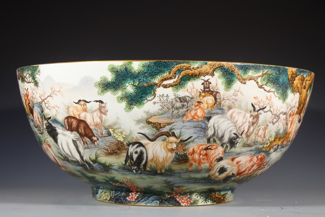 A Huge Enamel Painted Gold Landscape and Sheep Pattern Bowl,with an Imperial Poem by Emperor: A Huge Enamel Painted Gold Landscape and Sheep Pattern Bowl,with an Imperial Poem by Emperor Qianlong, Qing Dynasty, China,Size:9.8inx23.2inx11.8in 珐琅彩描金山