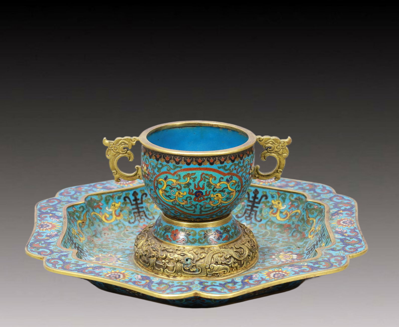 A Rare Cloisonne Lotus and Dragon Pattern Double-Ears Cup (1 of 10)