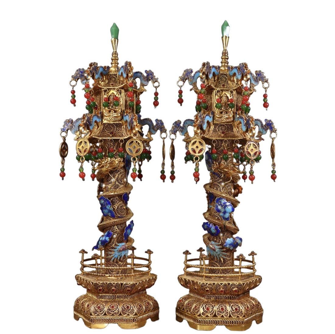 A Pair of Huge Filigree and Gilding Dragon Pattern Pagodas,Inlaid Gems: A Pair of Huge Filigree and Gilding Dragon Pattern Pagodas,Inlaid Gems,Qing Dynasty,China,Qianlong Four-character Mark,Size:17.3inx5.5in,Total Weight:2700g 