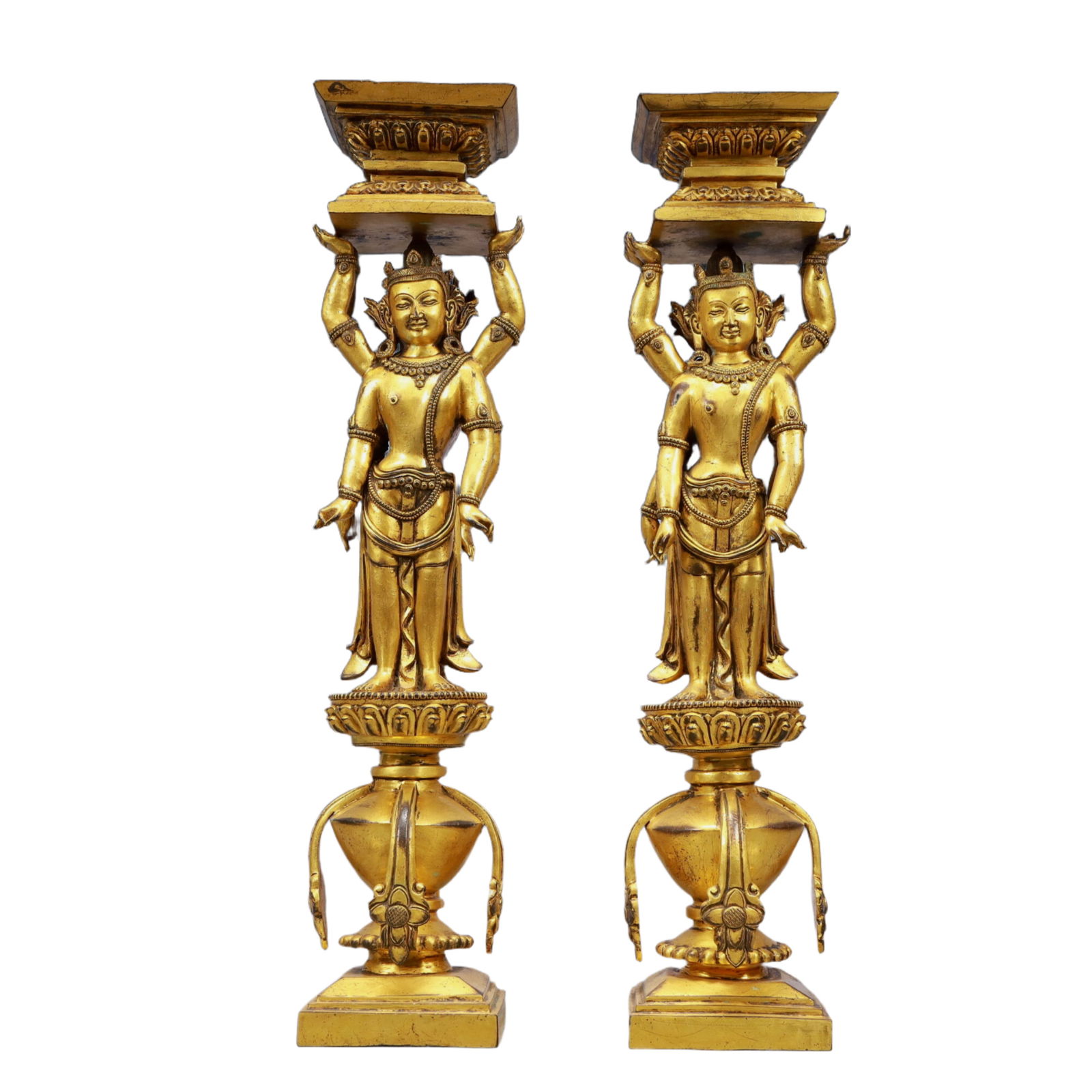 A Pair of Exquisite Gilt Bronze Statue of Bodhisattva Candlesticks: A Pair of Ecmxquisite Gilt Bronze Statue of Bodhisattva Candlesticks,Ming Dynasty, China,Size:4.7inx20.5inWeight:17900g 