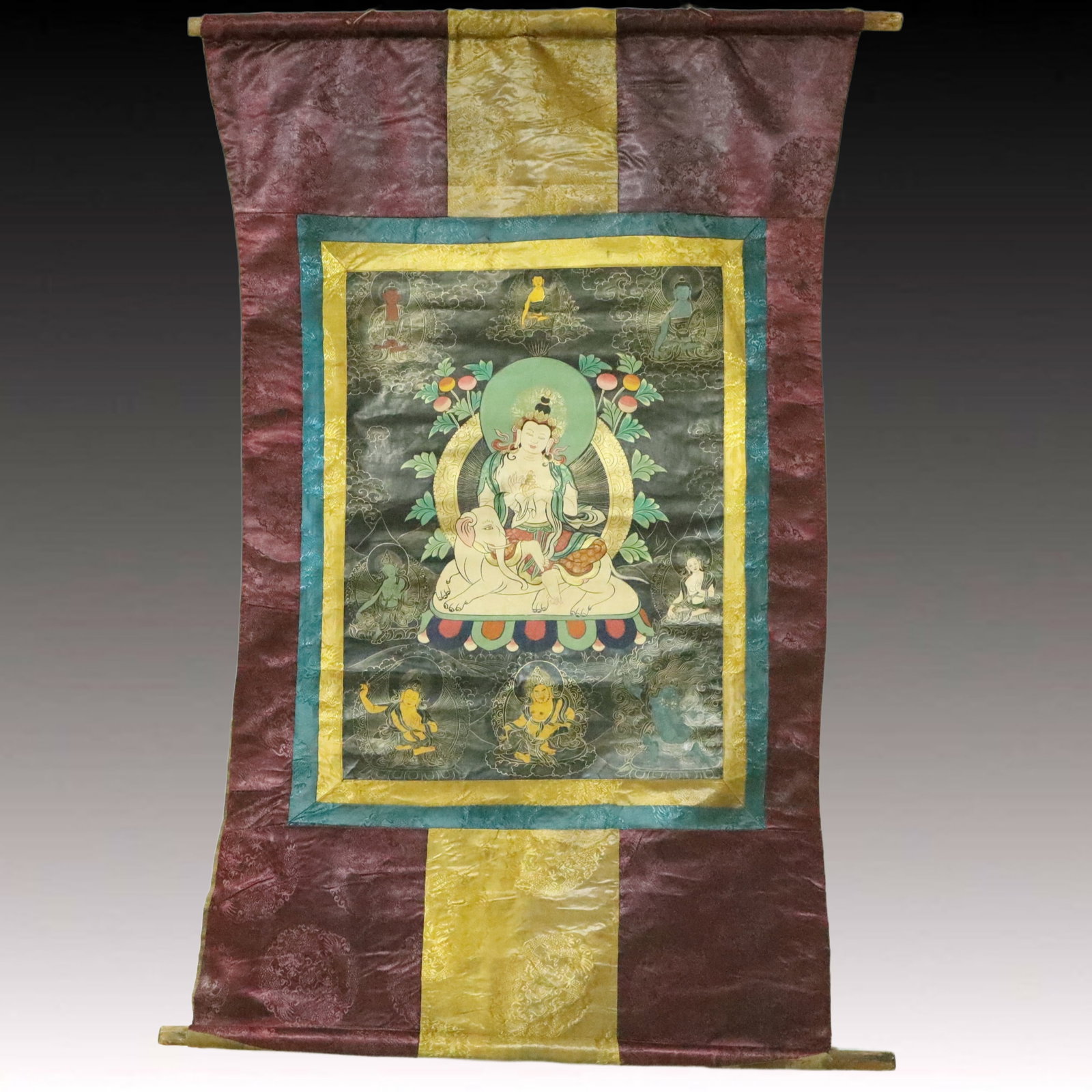 A Rare Brocade Painted Color Statue of Samantabhadra Tangka: A Rare Brocade Painted Color Statue of Samantabhadra Tangka,Qing Dynasty, China,Size:33.1inx55.1in 